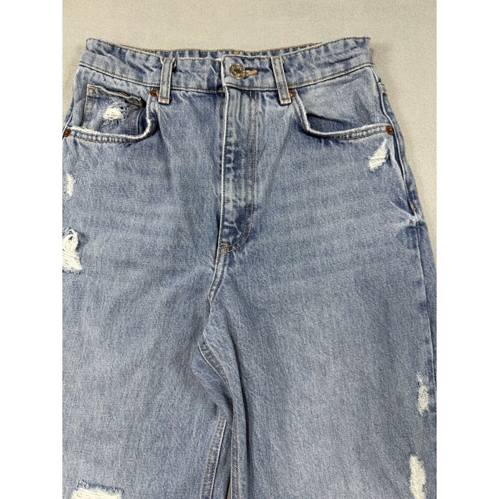 Zara Distressed Wide Leg Jeans Raw Hem Ripped Knee Blue Sz USA 4 EUR 36 - Picture 2 of 14